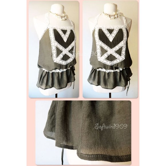 Olive Green Cream Lace Trim BOHO Gauze Airy Top - Picture 3 of 8